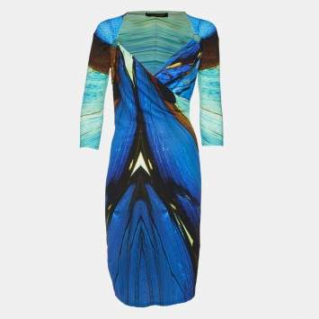 Pre Owned Roberto Cavalli Blue/Multicolor Printed Jersey Short Dress S
