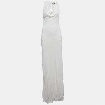Pre Owned Roberto Cavalli White Pointelle Knit Cowl Neck Maxi Dress S