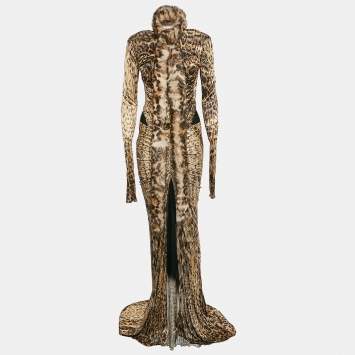 Pre Owned Roberto Cavalli Multicolor Reptile Print Fur Neck Tie-Up Maxi Dress M