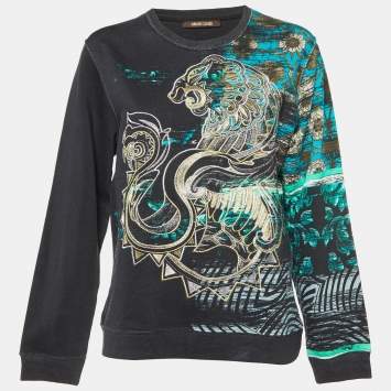 Pre Owned Roberto Cavalli Black Embroidered & Printed Cotton Sweatshirt M