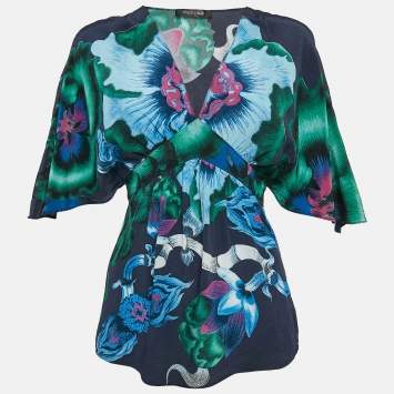Pre Owned Roberto Cavalli Multicolor Printed Silk V-Neck Top M
