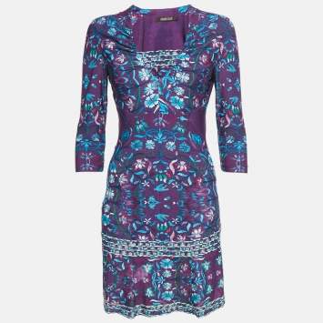 Pre Owned Roberto Cavalli Purple Floral Print Jersey V-Neck Mini Dress M