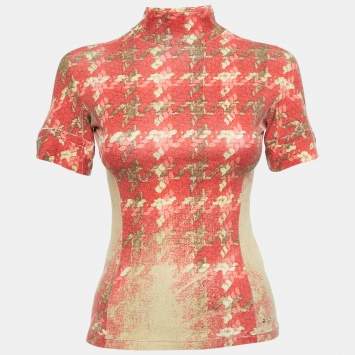 Pre Owned Roberto Cavalli Red/Beige Floral Print Modal Jersey High Neck Top XS