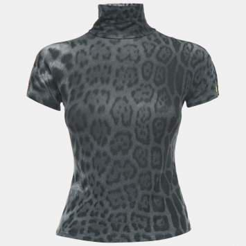Pre Owned Roberto Cavalli Grey Leopard Print Modal Jersey High Neck Top S