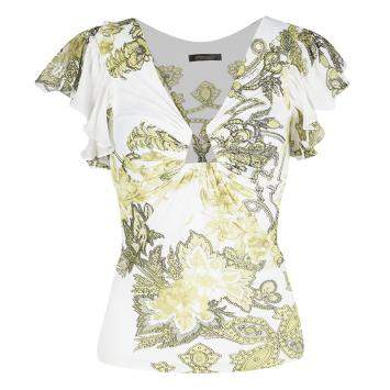 Pre Owned Roberto Cavalli White Floral Printed Ruffle Sleeve Detail Top S