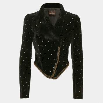 Pre Owned Roberto Cavalli Black Fur Trim Velvet  Embroidered Jacket S