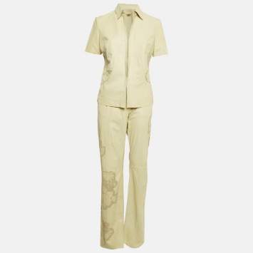 Pre Owned Roberto Cavalli Green Laser Cut Detail Leather Top and Pants Set M