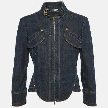 Pre Owned Roberto Cavalli Blue Denim Zip-Up Neck Belt Detail Jacket M