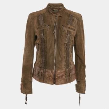 Pre Owned Roberto Cavalli Green Textured Leather and Suede Lace-Up Jacket M