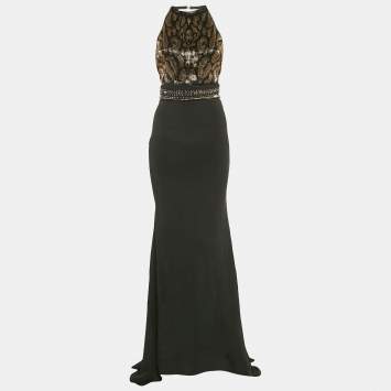 Pre Owned Roberto Cavalli Black Embellished Crepe Sleeveless Gown S