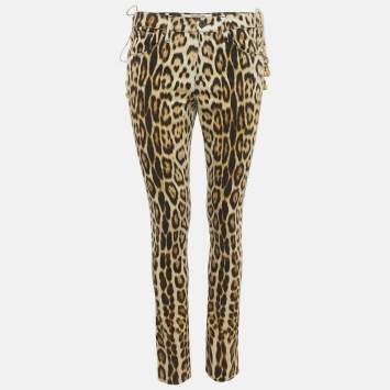 Pre Owned Roberto Cavalli Brown Leopard Print Denim Jeans S Waist 28"