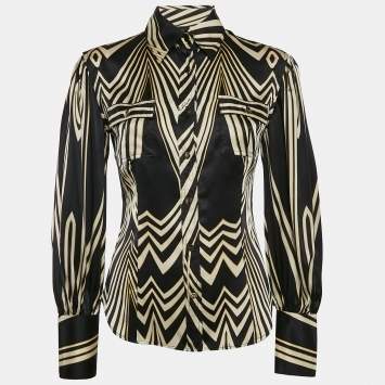 Pre Owned Roberto Cavalli Black Printed Satin Silk Long Sleeve Shirt M