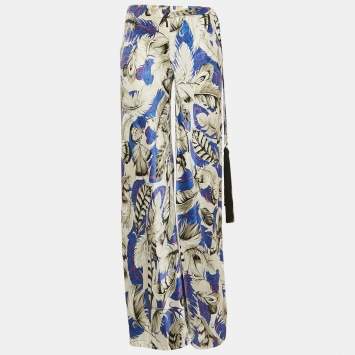 Pre Owned Roberto Cavalli Multicolor Feather Print Silk Satin Wide Leg Trousers S