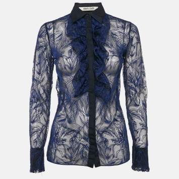 Pre Owned Roberto Cavalli Blue Embroidered Tulle Frilled Sheer Shirt S