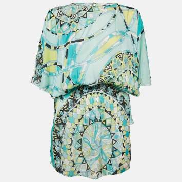 Pre Owned Roberto Cavalli Blue/Yellow Printed Silk Mini Dress S