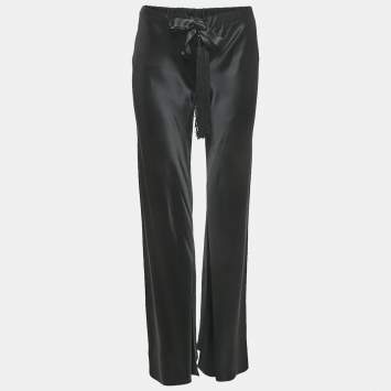 Pre Owned Roberto Cavalli Black Satin Silk Tassels Drawstring Flared Trousers S