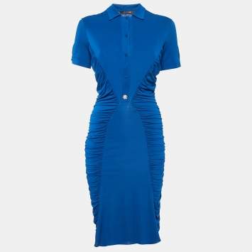 Pre Owned Roberto Cavalli Blue Jersey Ruched Midi Dress M