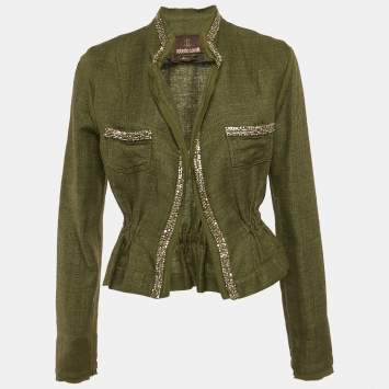 Pre Owned Roberto Cavalli Green Canvas Embellished Jacket M