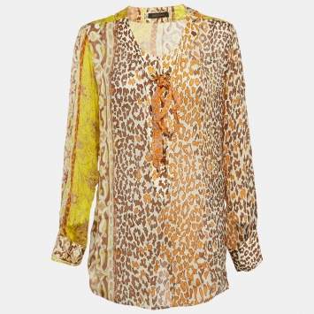 Pre Owned Roberto Cavalli Yellow Printed Silk Lace Up Blouse L