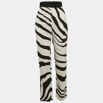 Pre Owned Roberto Cavalli White/Black Printed Crepe Pants S