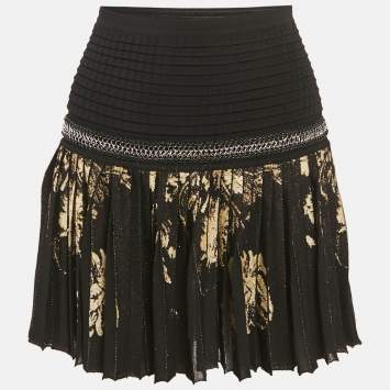 Pre Owned Roberto Cavalli Black/Gold Knit Pleated Mini Skirt M