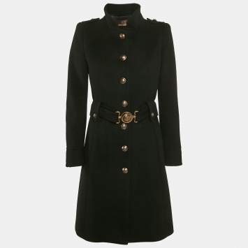 Pre Owned Roberto Cavalli Black Wool Belted Button Detail Trench Coat M