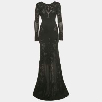 Pre Owned Roberto Cavalli Black Embellished Leather Trim Knit Backless Maxi Dress S