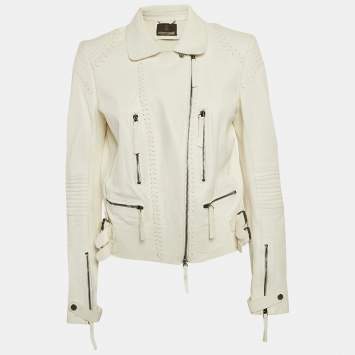 Pre Owned Roberto Cavalli White Textured Leather Zip-Up Biker Jacket L