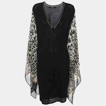 Roberto Cavalli Black Jersey and Animal Print Silk Dress L