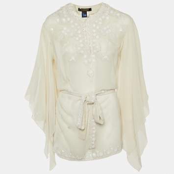 Pre Owned Roberto Cavalli White Sequin Embellished Silk Belted Blouse M