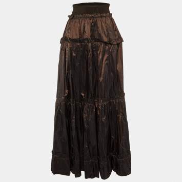 Pre Owned Roberto Cavalli Brown Silk Tafetta Layered Maxi Skirt M