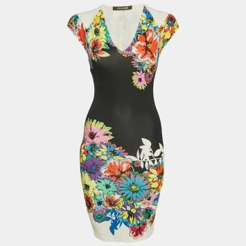 Roberto Cavalli Black Floral Print Jersey Mini Dress S
