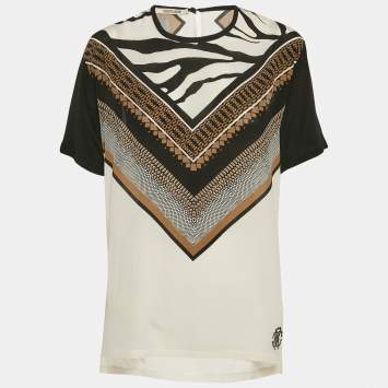 Pre Owned Roberto Cavalli White Printed Silk Short Sleeve Top M