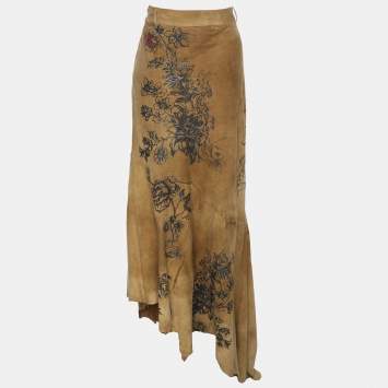 مملوكة مسبقًا Roberto Cavalli Khaki Suede Tattoo Maxi Skirt XL