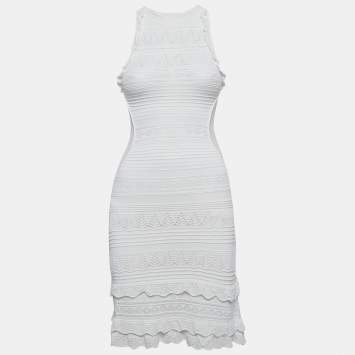 Pre Owned Roberto Cavalli White Knit Sleeveless Mini Dress S