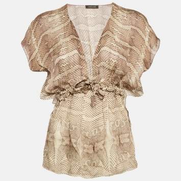 Pre Owned Roberto Cavalli Brown Snakeskin Print Silk Cinched Waist Top S