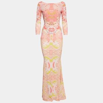 Pre Owned Roberto Cavalli Pink/Yellow Floral Print Ruched Maxi Dress S