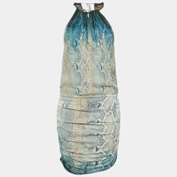Pre Owned Roberto Cavalli Blue Snakeskin Prinr Silk and Jersey Ruche Mini Dress M
