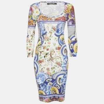 Roberto Cavalli Multicolor Printed Jersey Round Neck Short Dress S  