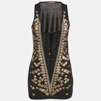 Roberto Cavalli Black Embellished Silk Knit Tank Top M