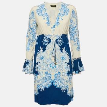 Roberto Cavalli White/Blue Floral Print Silk Lace Trimmed Short Dress M