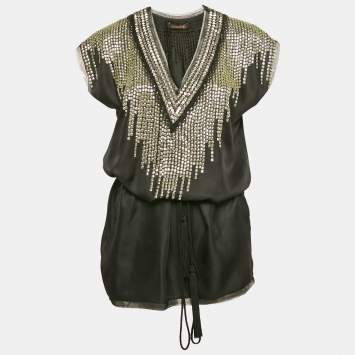 Roberto Cavalli Black Embellished Silk Tie-Up Detail Kaftan Top S