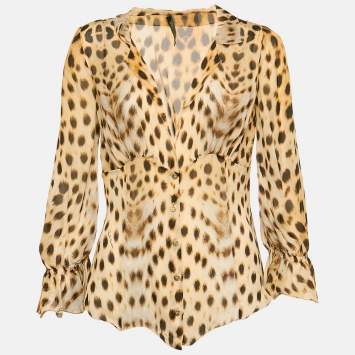 Roberto Cavalli Brown Leopard Print Silk Blouse M