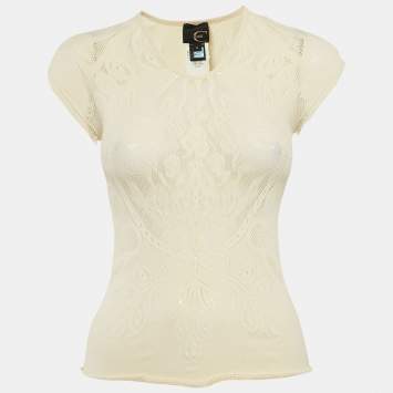 Roberto Cavalli Cream Mesh Jersey Top S