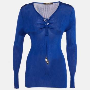 Roberto Cavalli Blue Rib Knit Lace Up Top M