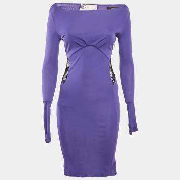 Pre Owned Roberto Cavalli Purple Crepe Lace Back Midi Dress S