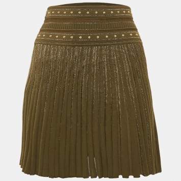 Pre Owned Roberto Cavalli Green Wool Blend Pleated Mini Skirt S