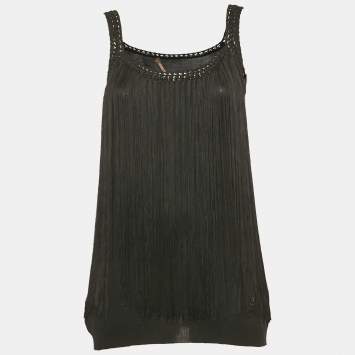 Pre Owned Roberto Cavalli Black Stretch Knit Braided Fringe Top L