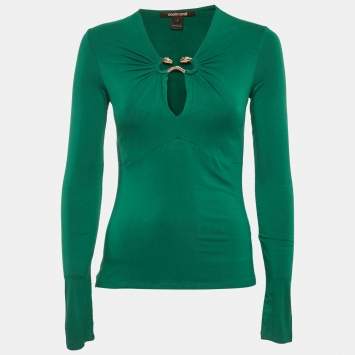 Pre Owned Roberto Cavalli Green Jersey Snake Detail Top S