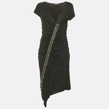 Pre Owned Roberto Cavalli Black  Jersey Embellished Ruche Jersey Mini Dress L